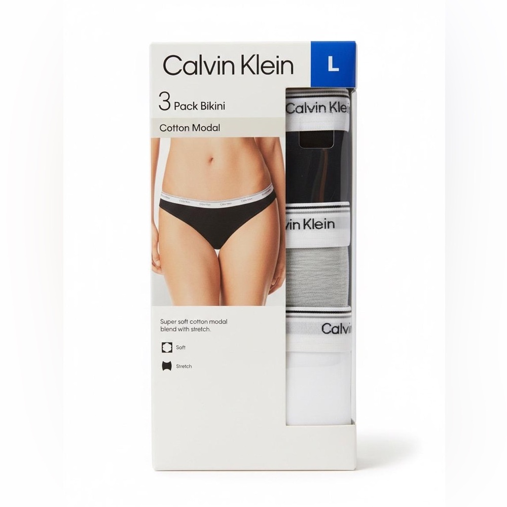 CK Women's 3-Pack Bikini Cotton Modal M-L Black, Gray, White NWT Free Shipping
